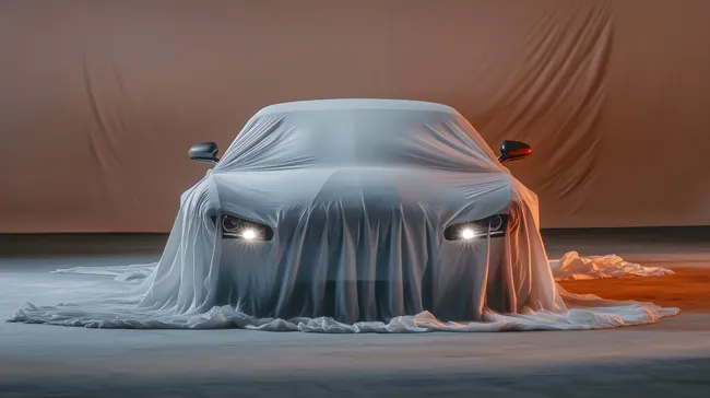 Neuer PKW unter Stoffhülle im Autohaus