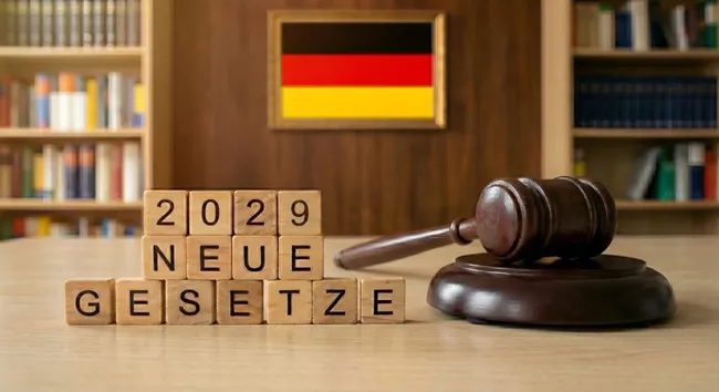 Neues Gesetz 2029 - deutsche Flagge und Richterhammer