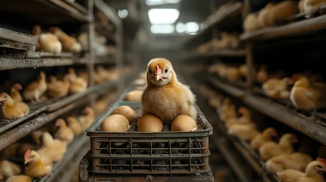 Neugeborene Küken in Massentierhaltung mit Eiern