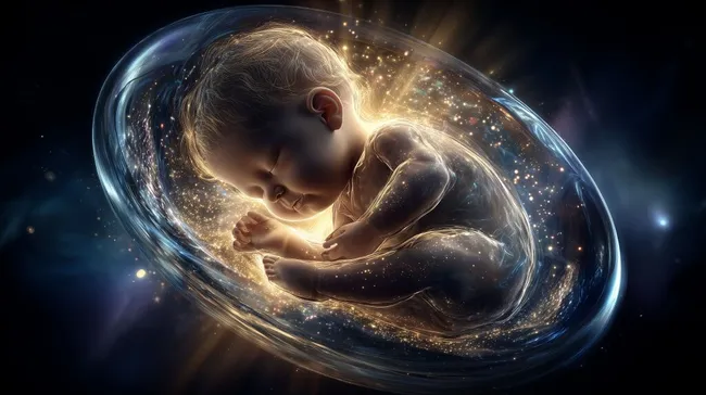 Neugeborenes Baby im Mutterleib umgeben von Lichteffekten
