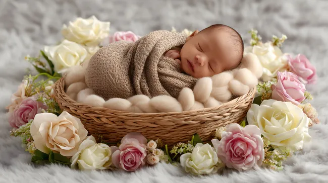 Neugeborenes Baby schläft friedlich im gewebten Korb