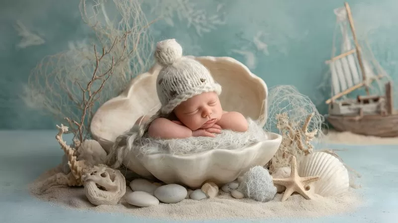 Neugeborenes Baby schläft in Muschel mit Mütze und Deko