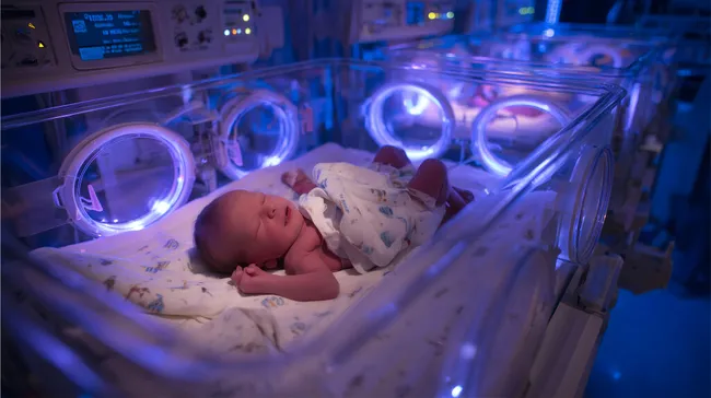 Neugeborenes in Inkubator bei blauer Phototherapie-Beleuchtung