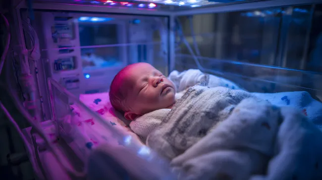 Neugeborenes in Phototherapie-Inkubator im Krankenhaus