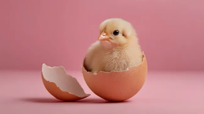 Neugeborenes Küken in Eierschale vor rosa Hintergrund