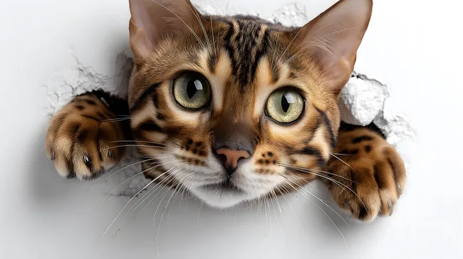 Neugierige bengalische Katze blickt durch Wandloch