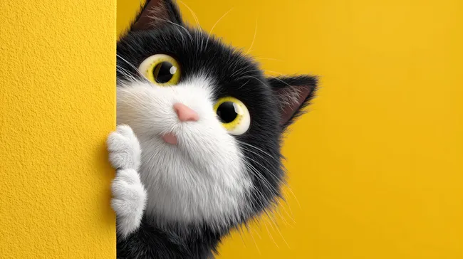 Neugierige Comic-Katze späht hinter gelber Wand hervor