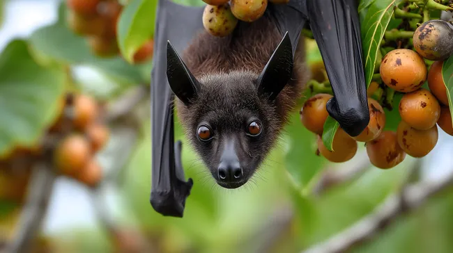 Neugierige Fledermaus zwischen Früchten im Dschungel