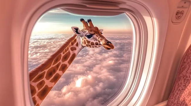 Neugierige Giraffe beobachtet die Wolken aus Flugzeugfenster