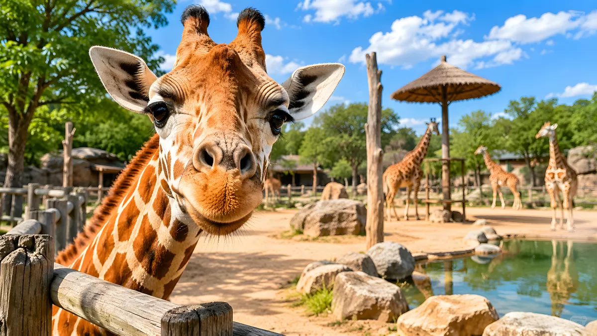 Neugierige Giraffe im Zoogehege an einem Sommertag