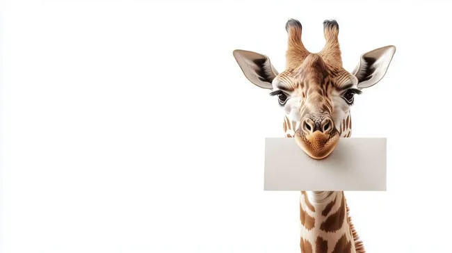 Neugierige Giraffe präsentiert leeres Schild