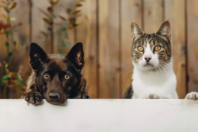 Neugierige Haustiere blicken über Zaun