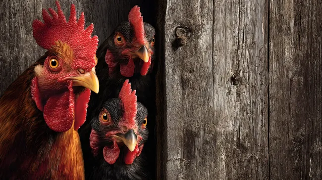 Neugierige Hühner blicken aus rustikaler Holzbox