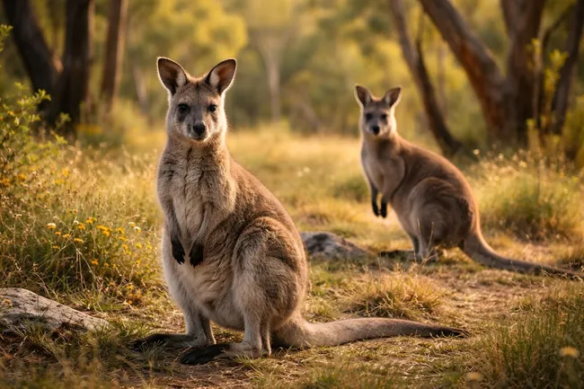 Neugierige Kängurus in sonnigem australischen Buschland