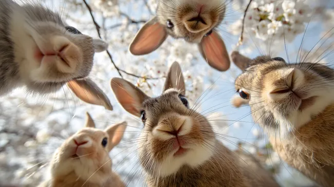 Neugierige Kaninchen in Blütenlandschaft