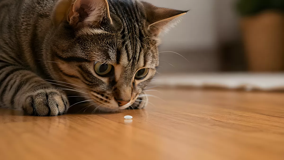 Neugierige Katze betrachtet Pille auf Holzboden