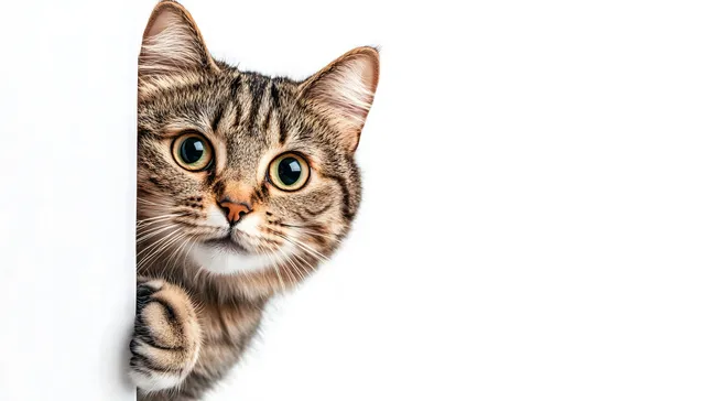 Neugierige Katze lugt vorsichtig um die Ecke