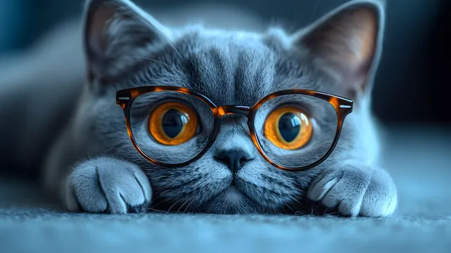 Neugierige Katze mit Brille im Nahaufnahme-Porträt