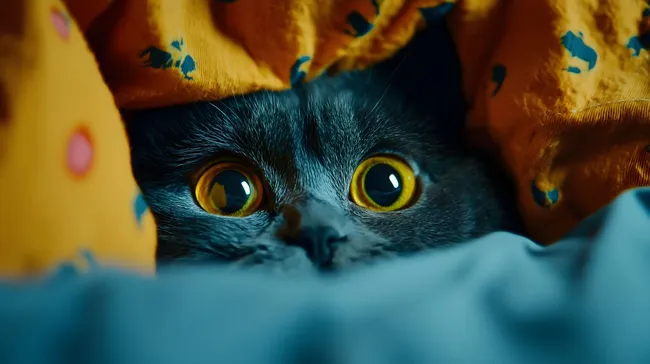 Neugierige Katze mit leuchtenden Augen blickt unter Decke hervor