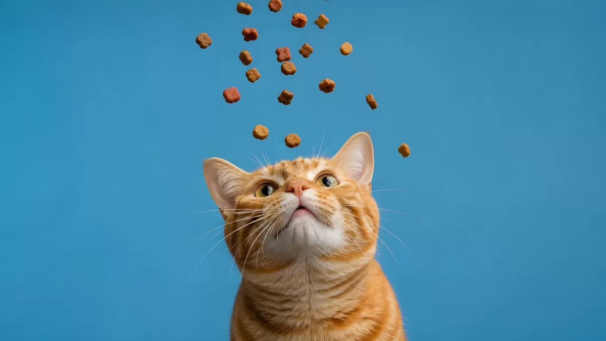 Neugierige Katze schnappt nach fallendem Trockenfutter