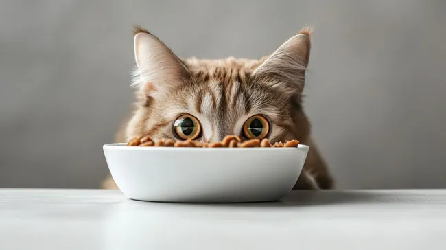 Neugierige Katze vor frischem Futter in Schale