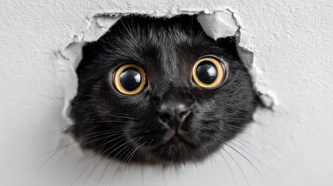 Neugierige schwarze Katze beobachtet durch Wandloch