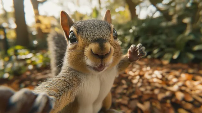 Neugieriger Eichhörnchen-Blick im Herbstwald