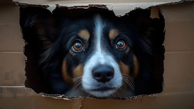 Neugieriger Hund blickt durch Loch in Kartonwand
