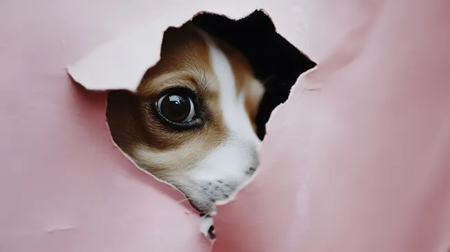 Neugieriger Hund blickt durch zerrissenes Papier