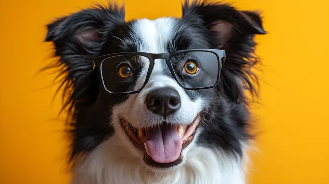 Neugieriger Hund mit Brille vor gelbem Hintergrund