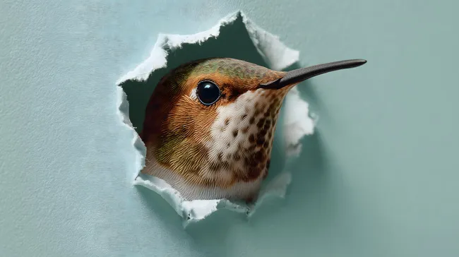 Neugieriger Kolibri blickt durch Papierloch