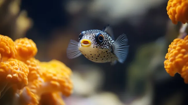 Neugieriger Kugelfisch in buntem Korallenriff