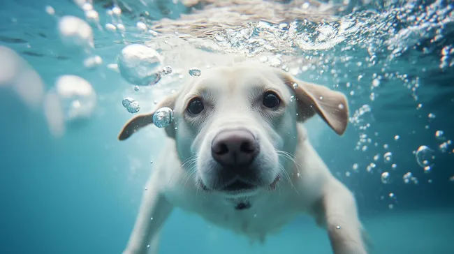 Neugieriger Labrador-Welpe taucht im Wasser mit Blasen