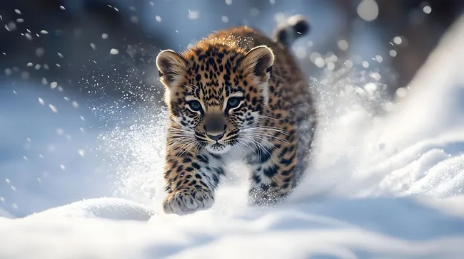 Neugieriger Leopardjunger im verschneiten Winterwald