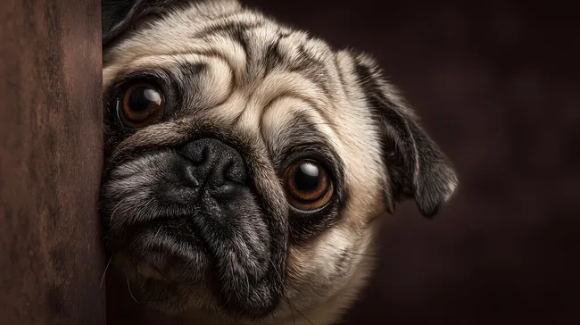 Neugieriger Mops späht aus der Ecke