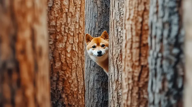Neugieriger Shiba Inu versteckt sich hinter Baumstämmen