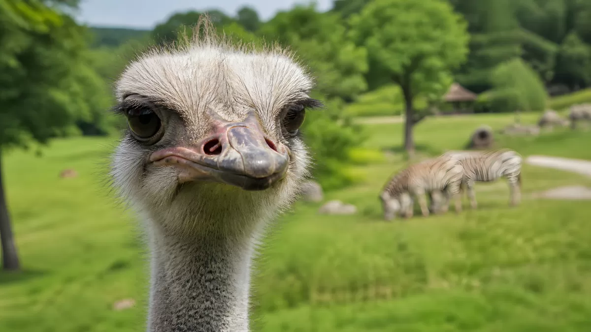 Neugieriger Strauß im Zoo mit Zebras im Hintergrund