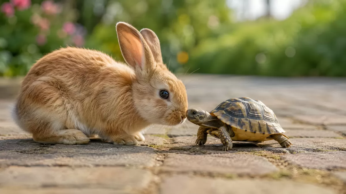 Neugieriges Kaninchen und kleine Schildkröte begegnen sich