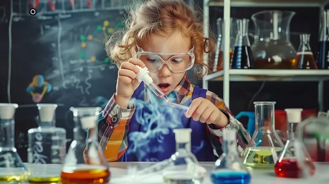 Neugieriges Mädchen erforscht Chemikalien im Labor