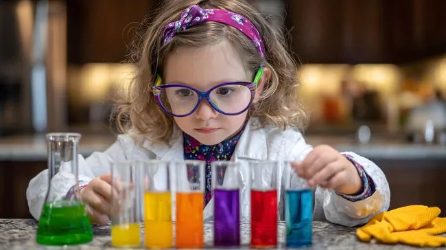 Neugieriges Mädchen mit Laborkittel und Schutzbrille