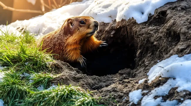 Neugieriges Murmeltier blickt aus Erdloch im Schnee