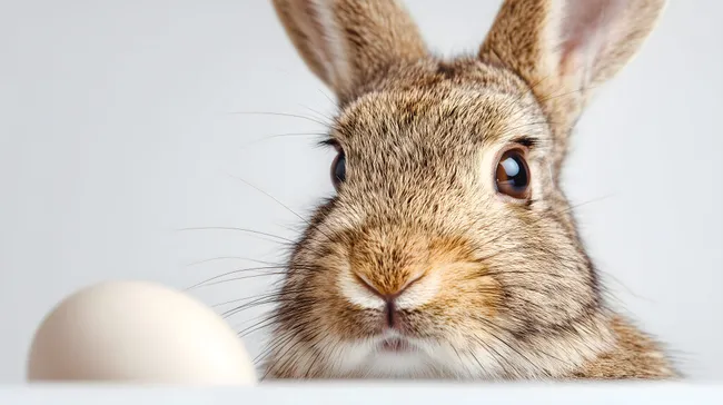 Neugieriges Osterkaninchen blickt auf weißes Ei