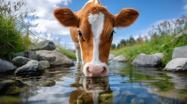 Neugierigie Milchkuh trinkt aus Bergbach