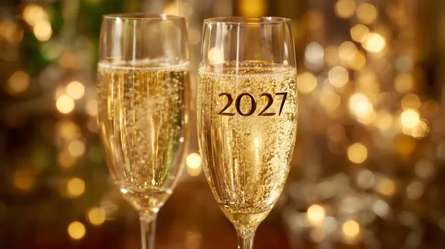 Neujahr 2027: Champagner-Gläser mit funkelndem Bokeh-Hintergrund