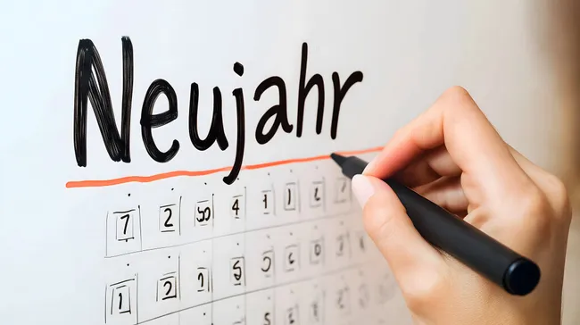 Neujahrstisch mit Kalender und Stift