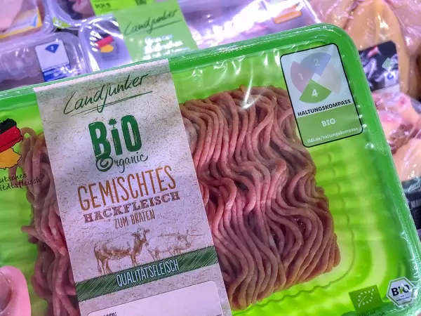 New German meat label shows unified animal welfare friendly husbandry in grocery stores