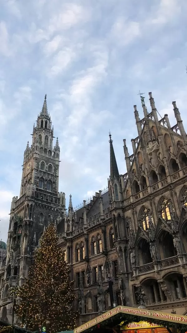 New Town Hall in Munich, Bavaria, during Christmas season, with illuminated Tree and Christmas market at Marienplatz