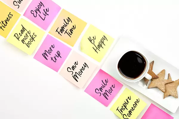 New year resolutions - colorful sticky cards with written goals for 2021