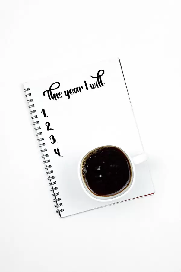 New year resolutions on notebook with a cup of black coffee on white background