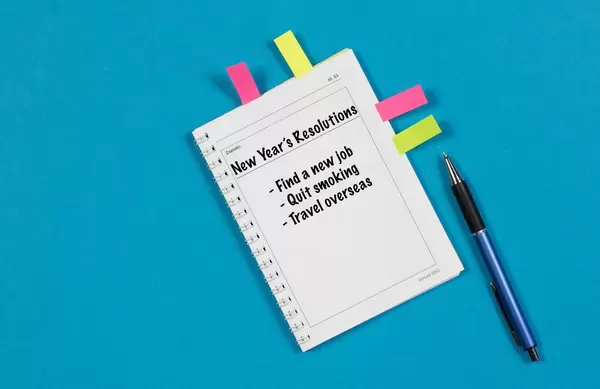 New Years Resolutions - writen on notebook with sticky notes and pen on blue background